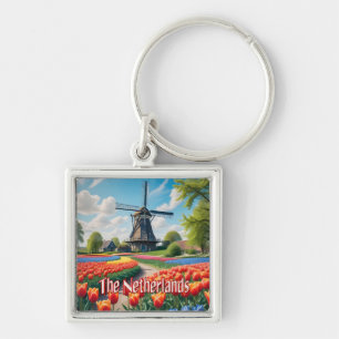 Netherlands Windmill & Tulips Keychain
