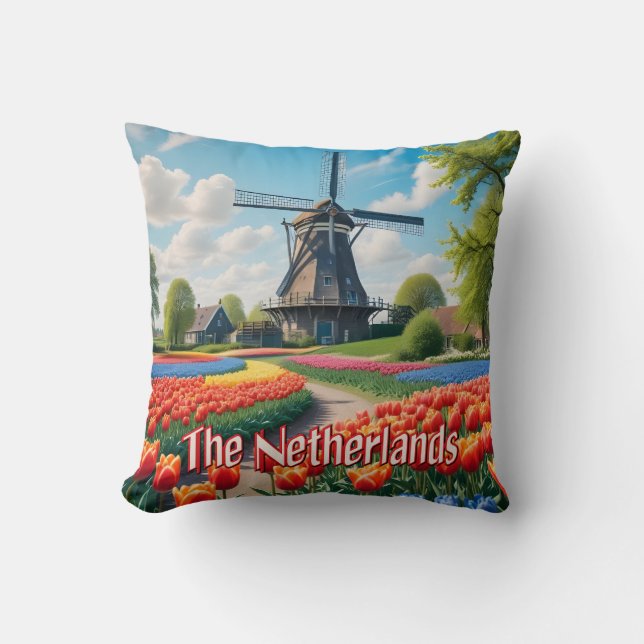 Netherlands Windmill & Tulips Throw Pillow (Front)