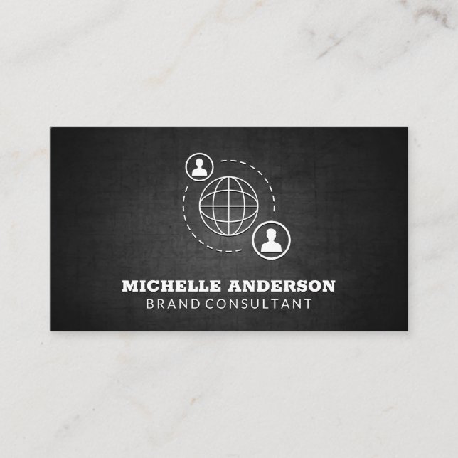 Network Communication Icon | Black Texture Business Card (Front)