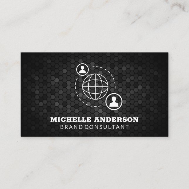 Network Communication Icon | Geometric Black Business Card (Front)