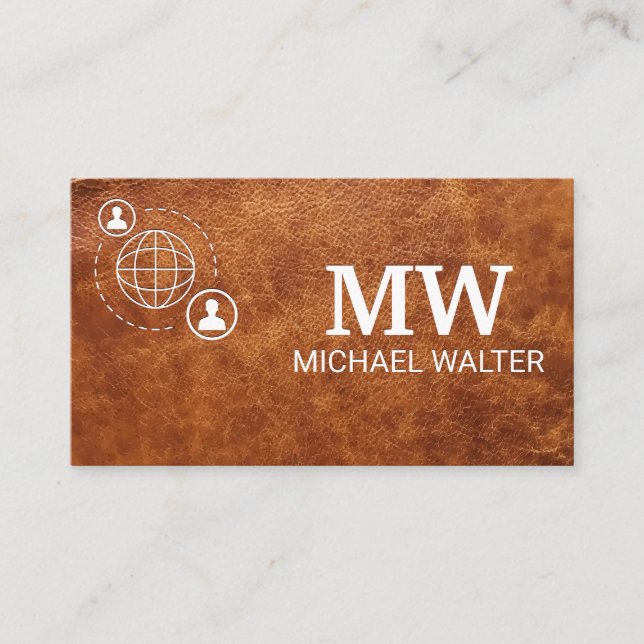 Network Communication Monogram | Leather Business Card (Front)