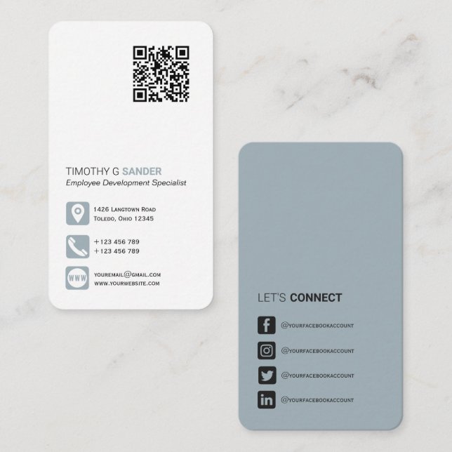 Networking QR code simple social media dusty blue  Business Card (Front/Back)