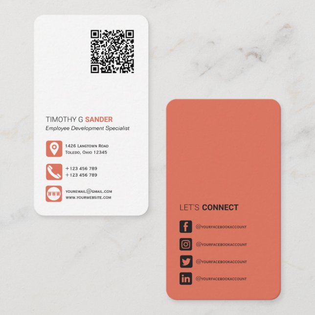 Networking QR code simple social media terracotta  Business Card (Front/Back)