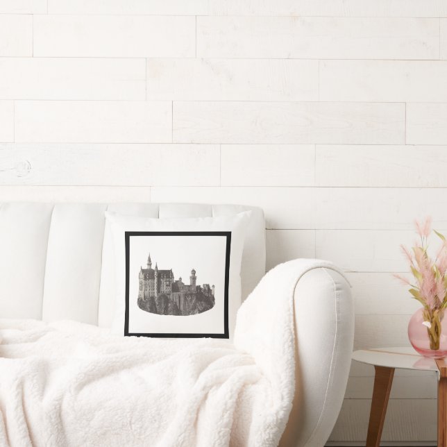 Neuschwanstein Castle Black and White Historic Art Throw Pillow (Couch)