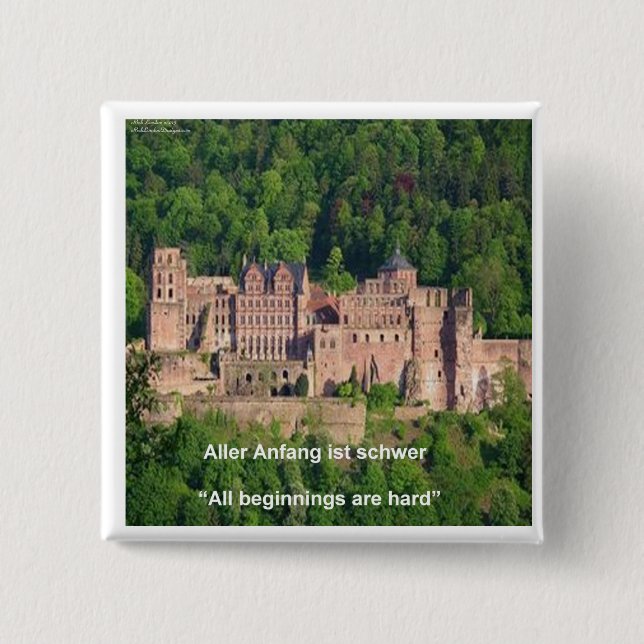 Neuschwanstein Castle Frankfurt & German Quote 2 Inch Square Button (Front)