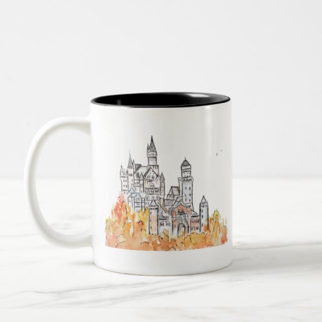 Neuschwanstein Castle ink and watercolor Two-Tone Coffee Mug (Left)