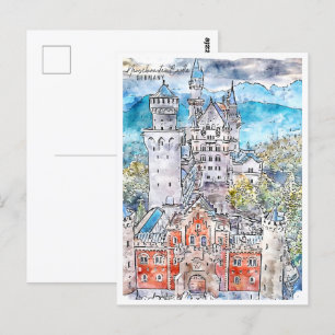Neuschwastein Castle Germany Travel Watercolor Postcard