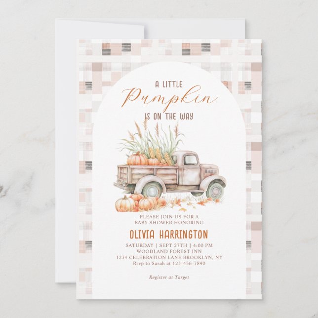 Neutral A little Pumpkin Truck Boy Baby Shower Invitation (Front)