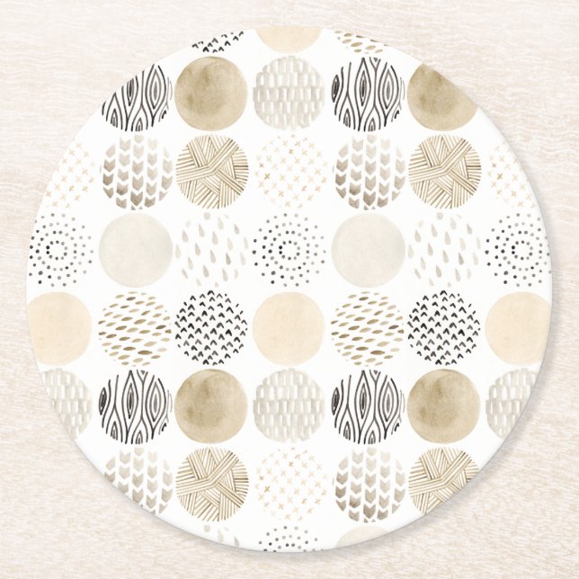 Neutral Abstract Circle Pattern Round Paper Coaster (Front)