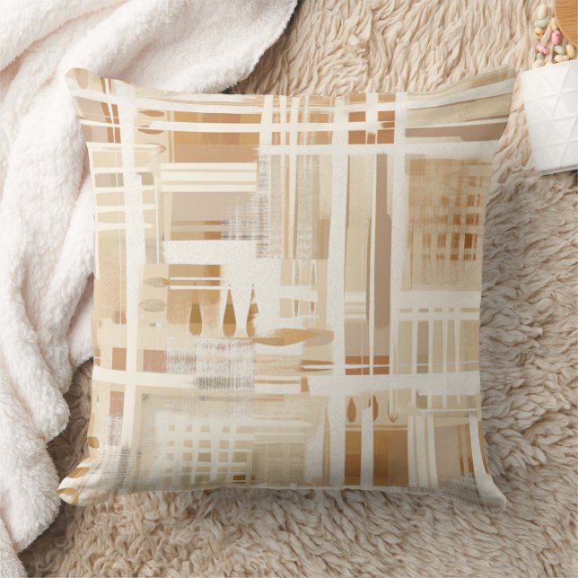 Neutral Abstract Plaid Muted Boho Throw Pillow (Blanket)