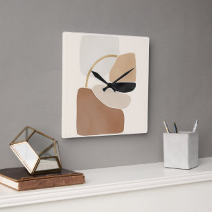 Neutral Abstract Shapes   Minimal Modern Fine Art  Square Wall Clock