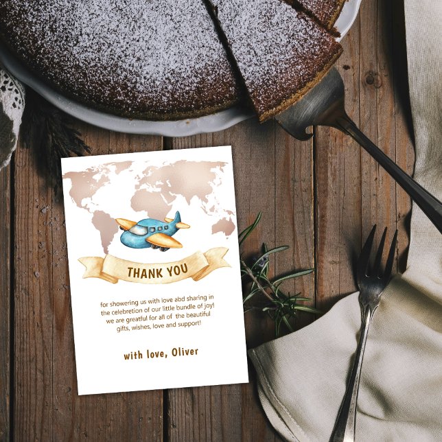 Neutral Adventure World Map Airplane Baby Shower  Thank You Card (Neutral Adventure World Map Airplane Baby Shower Thank You Card)