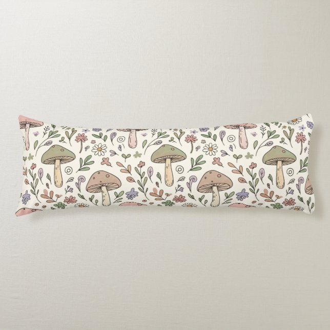 Neutral Aesthetic Mushroom Fungi Seamless Pattern Body Pillow (Front)