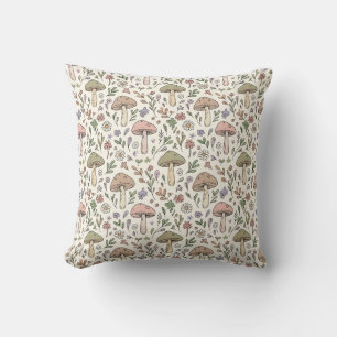 Neutral Aesthetic Mushroom Fungi Seamless Pattern Throw Pillow