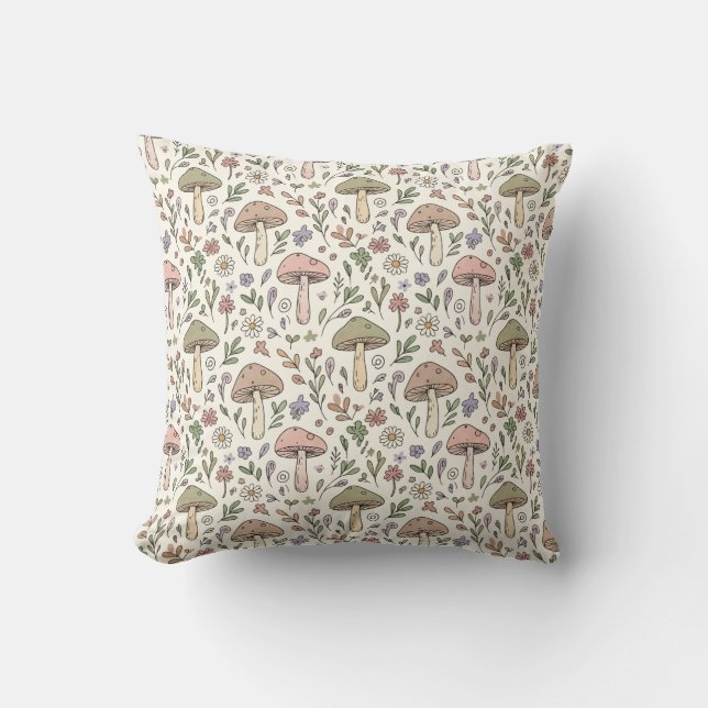 Neutral Aesthetic Mushroom Fungi Seamless Pattern Throw Pillow (Front)