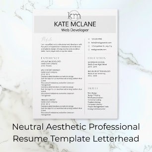 Neutral Aesthetic Professional Resume Template Letterhead