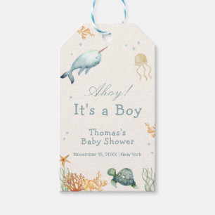 Neutral Ahoy Under The Sea Whale Boy Baby Shower Gift Tags