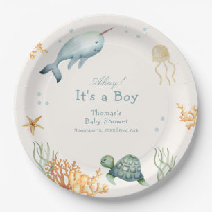 Neutral Ahoy Under The Sea Whale Boy Baby Shower  Paper Plate