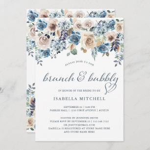 Neutral and Blue Floral   Brunch and Bubbly Invitation