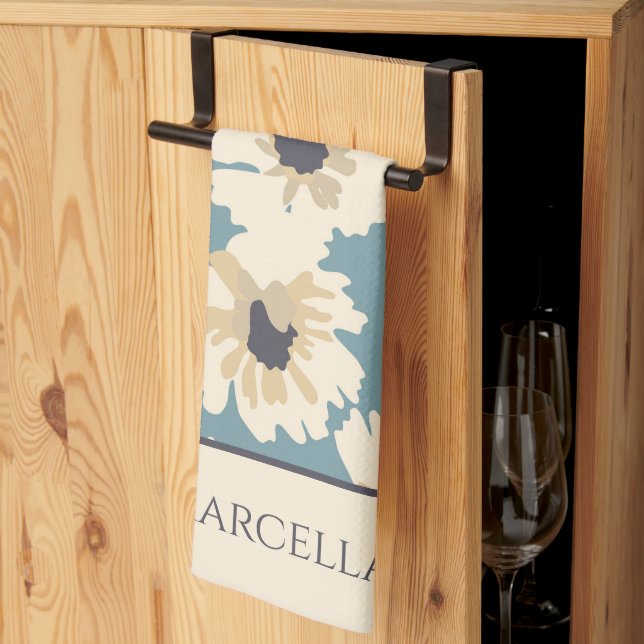 Neutral and Blue Floral Patterns Personalized  Kitchen Towel (Thirds Fold)