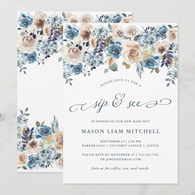Neutral and Blue Floral | Sip and See Invitation (Front/Back)