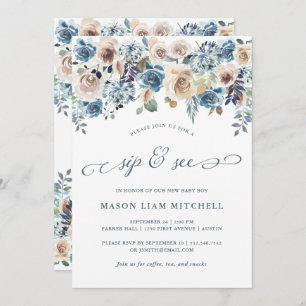 Neutral and Blue Floral Sip and See Invitation