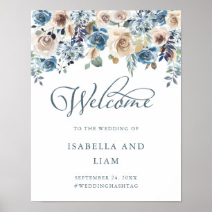Neutral and Blue Floral   Wedding Welcome Poster