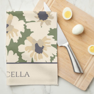 Neutral and Green Floral Patterns Personalized Kitchen Towel