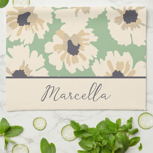 Neutral and Mint Floral Patterns Personalized  Kitchen Towel (Folded)