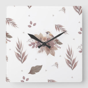 Neutral Autumn Bird Seamless Pattern Square Wall Clock