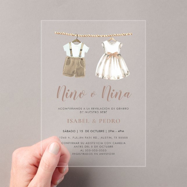 Neutral Baby Clothes Spanish Gender Reveal Acrylic Invitations (Insitu (Handheld))