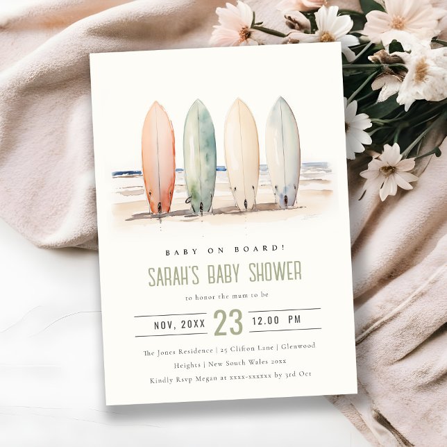 Neutral Baby On Board Surfboard Baby Shower Invitation (Creator Uploaded)