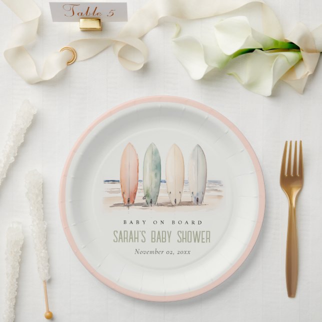 Neutral Baby On Board Surfboard Baby Shower Paper Plate (Wedding)