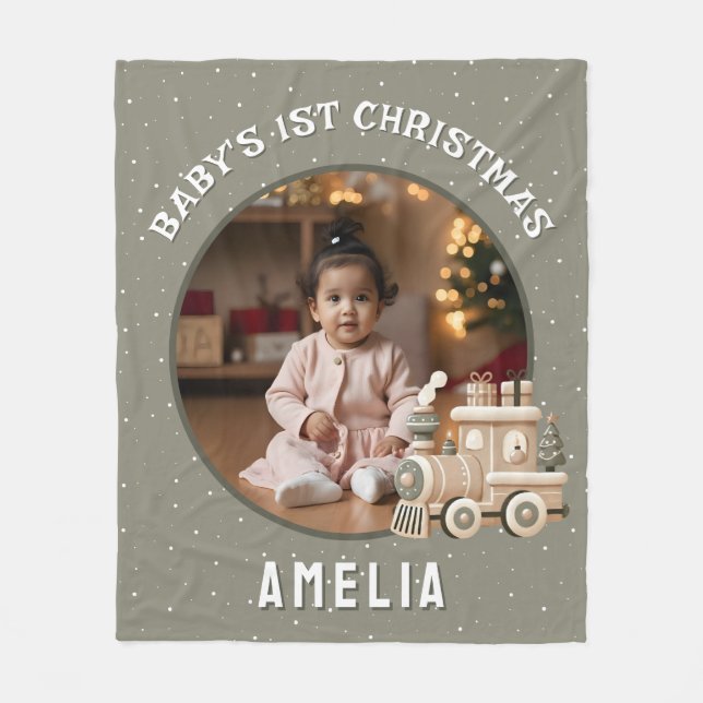 Neutral Baby’s 1st Christmas Train Keepsake Photo Fleece Blanket (Front)
