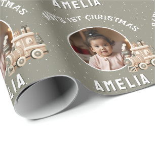 Neutral Baby’s 1st Christmas Train Keepsake Photo Wrapping Paper
