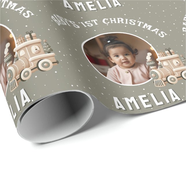 Neutral Baby’s 1st Christmas Train Keepsake Photo Wrapping Paper (Roll Corner)