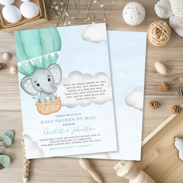 Neutral Baby Shower By Mail Elephant Mint Green Invitation (Neutral Baby Shower By Mail Elephant Mint Green Invitation)