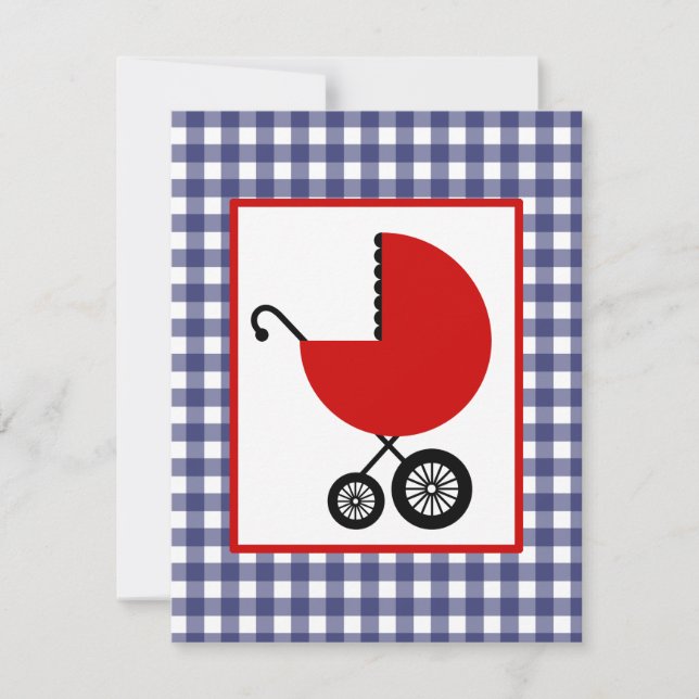Neutral Baby Shower - Red Carriage & Blue Gingham Invitation (Front)