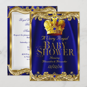 Neutral Baby Shower Royal Blue Gem Gold Crown Invitation