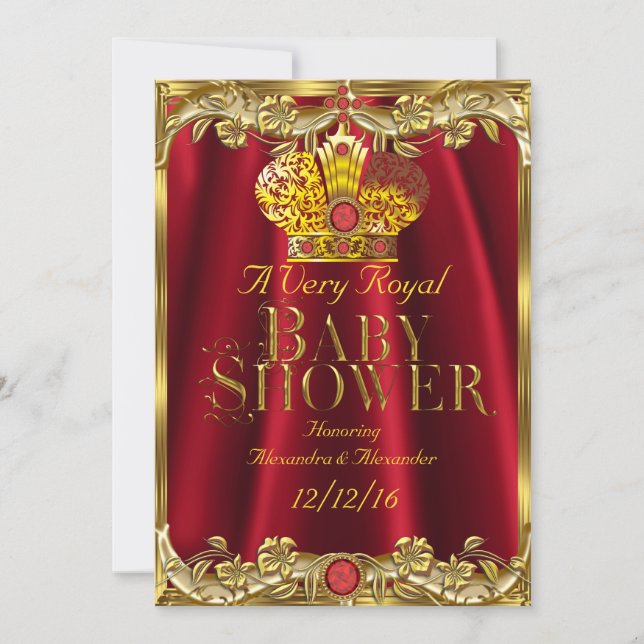Neutral Baby Shower Royal Red Gem Gold Crown 2 Invitation (Front)