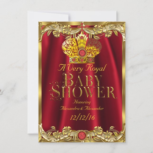 Neutral Baby Shower Royal Red Gem Gold Crown 2 Invitation (Front)