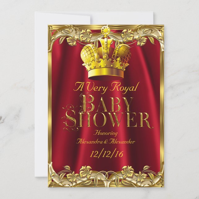 Neutral Baby Shower Royal Regal Red Gold Crown Invitation (Front)