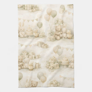 Neutral Baby Shower Teddy Bear Party Pattern Kitchen Towel