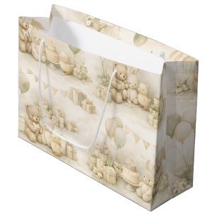 Neutral Baby Shower Teddy Bear Party Pattern Large Gift Bag