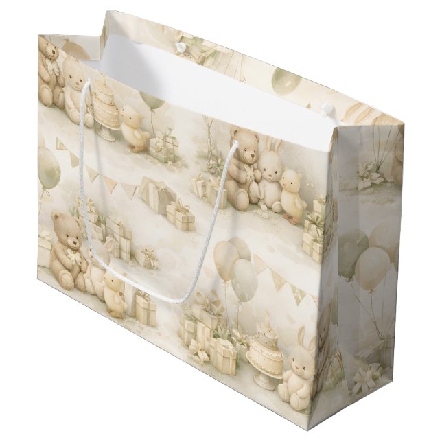 Neutral Baby Shower Teddy Bear Party Pattern Large Gift Bag (Front Angled)