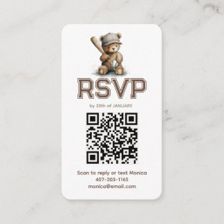 Neutral Baseball Teddy Bear Baby Shower QR RSVP Enclosure Card