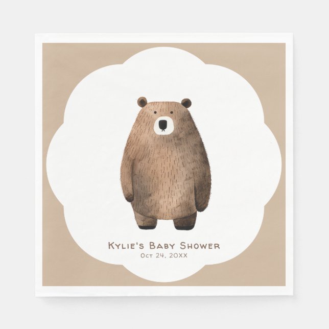 Neutral Bearly Wait Teddy Bear Baby Shower Napkin (Front)