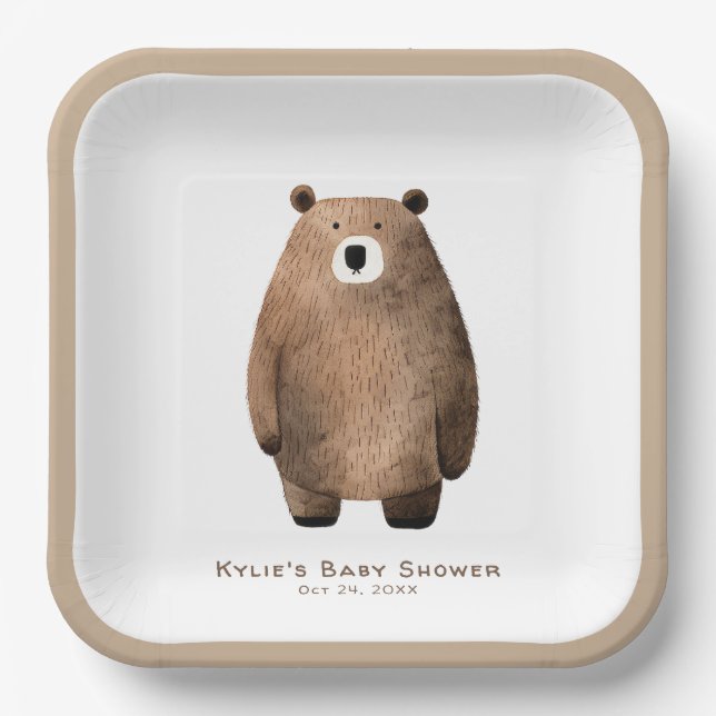 Neutral Bearly Wait Teddy Bear Baby Shower Paper Plate (Front)