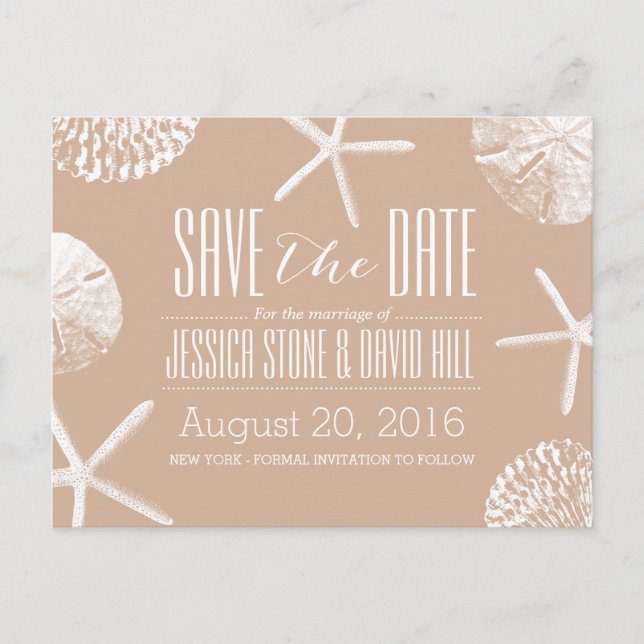 Neutral Beige Beach Theme Seashells Save the Date Announcement Postcard (Front)