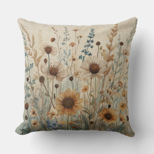 Neutral Beige Blue Brown Wildflower Print Throw Pillow
